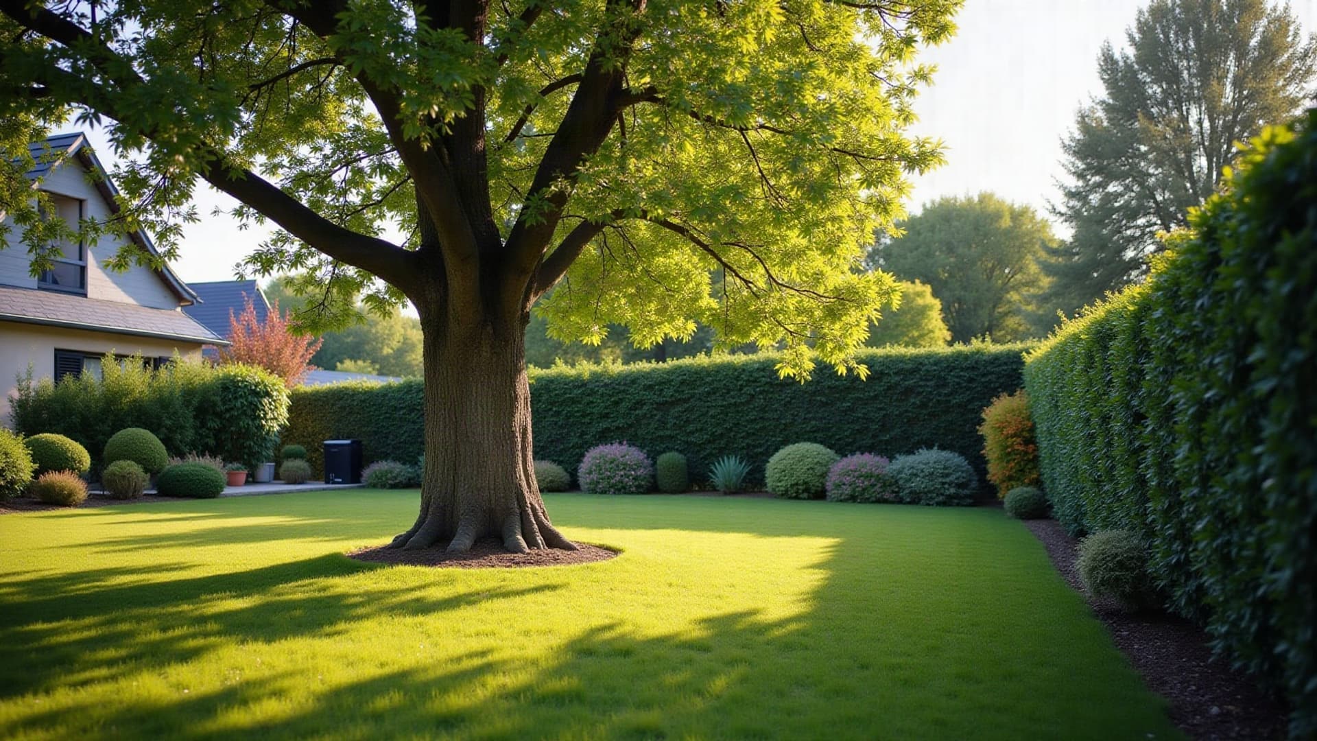Élagueur grimpeur en cordage taillant la couronne d'un grand arbre dans un jardin à Caen