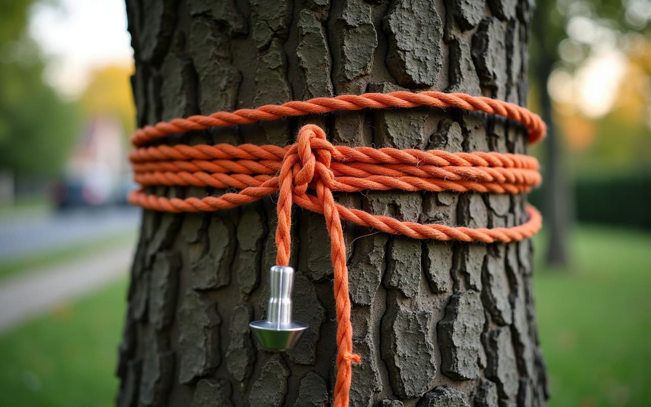 Arbre en cours de démontage par sections au-dessus d'un jardin résidentiel à Caen, grimpeur en hauteur